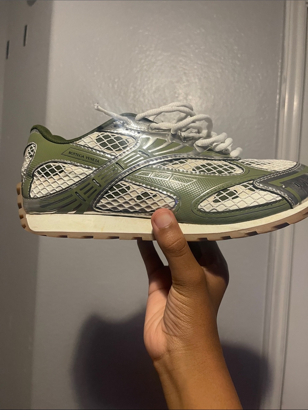 Bottega Veneta Men’s Olive Green and White Mesh Sneakers